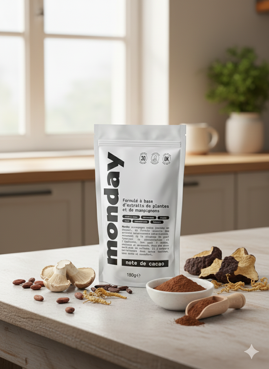 Monday with natural mushroom ingredients in kitchen