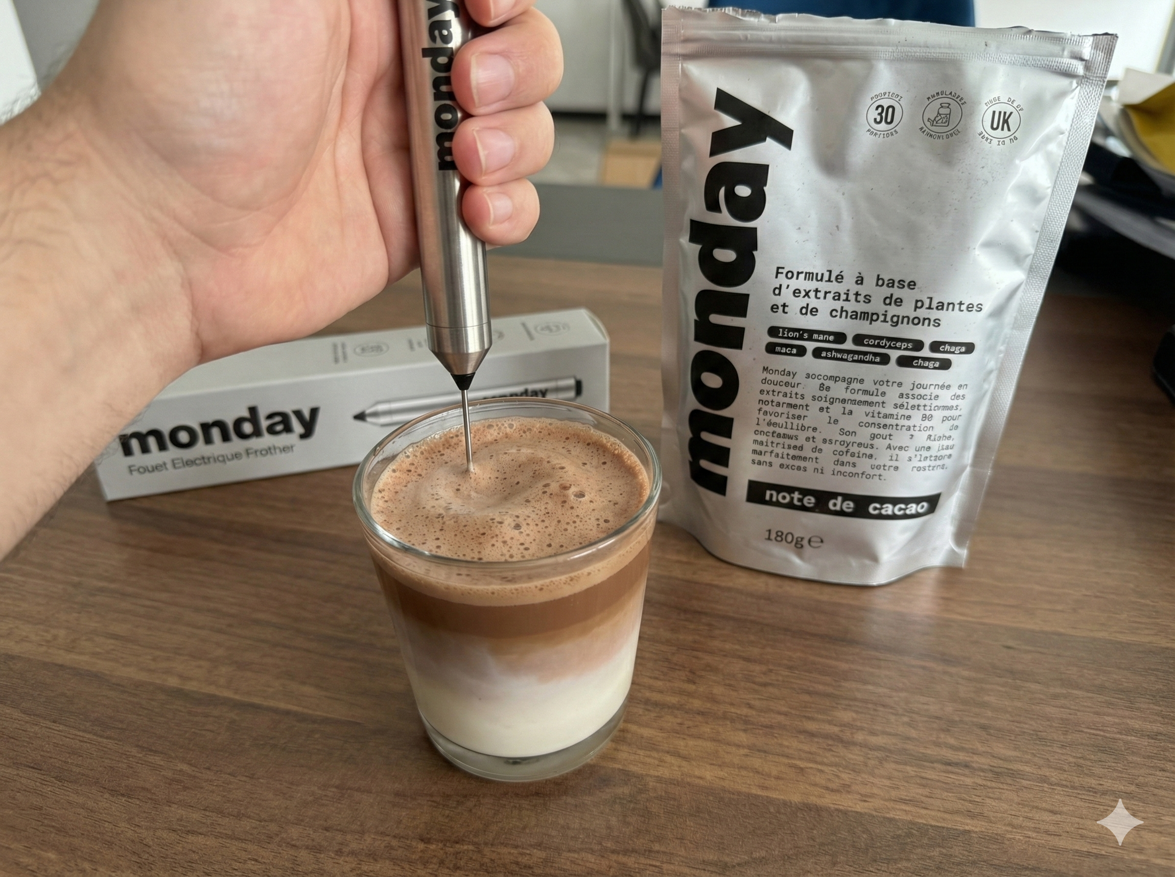 Making Monday drink with the electric frother