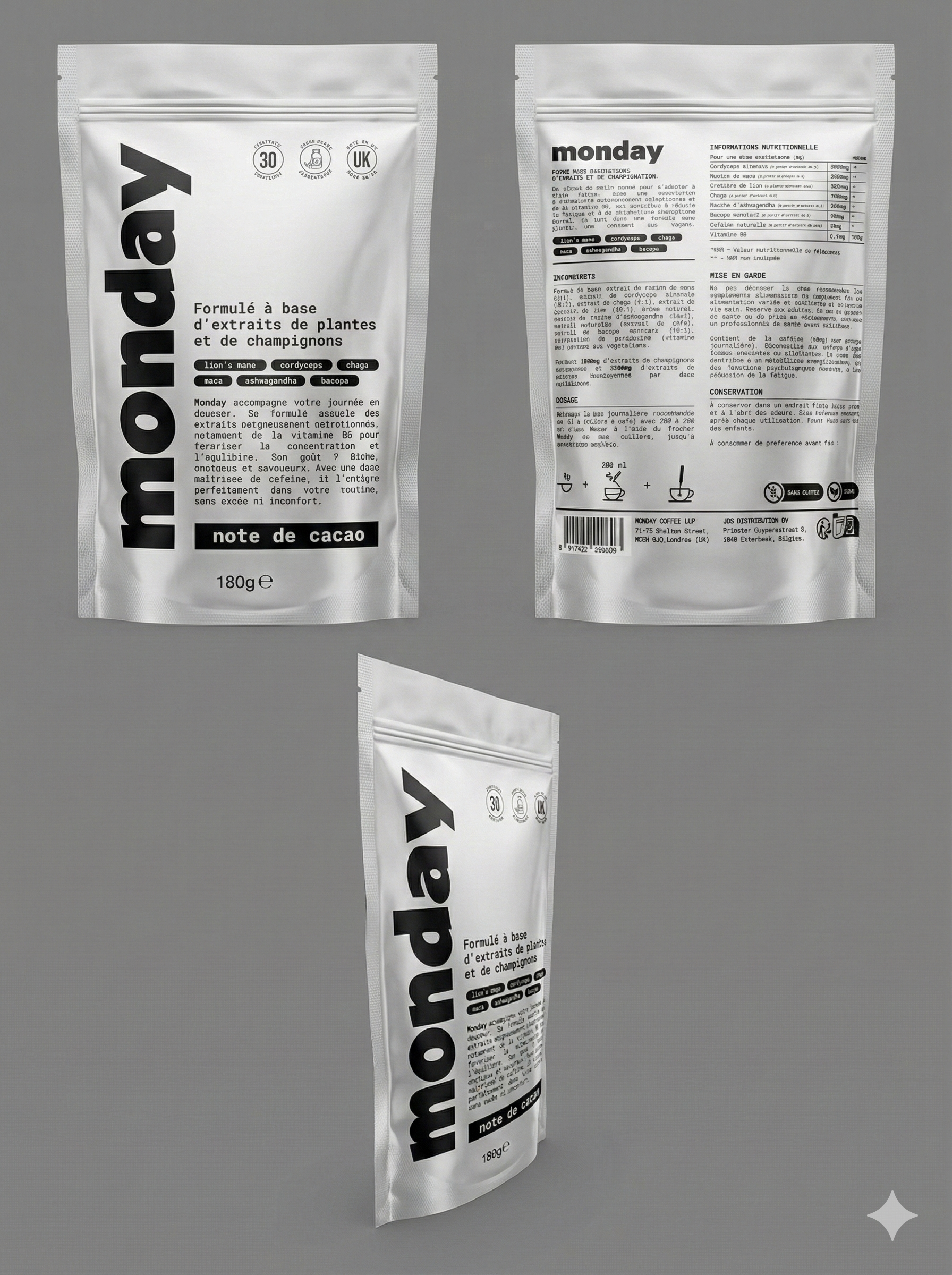 Emballage Monday montrant tous les ingrédients