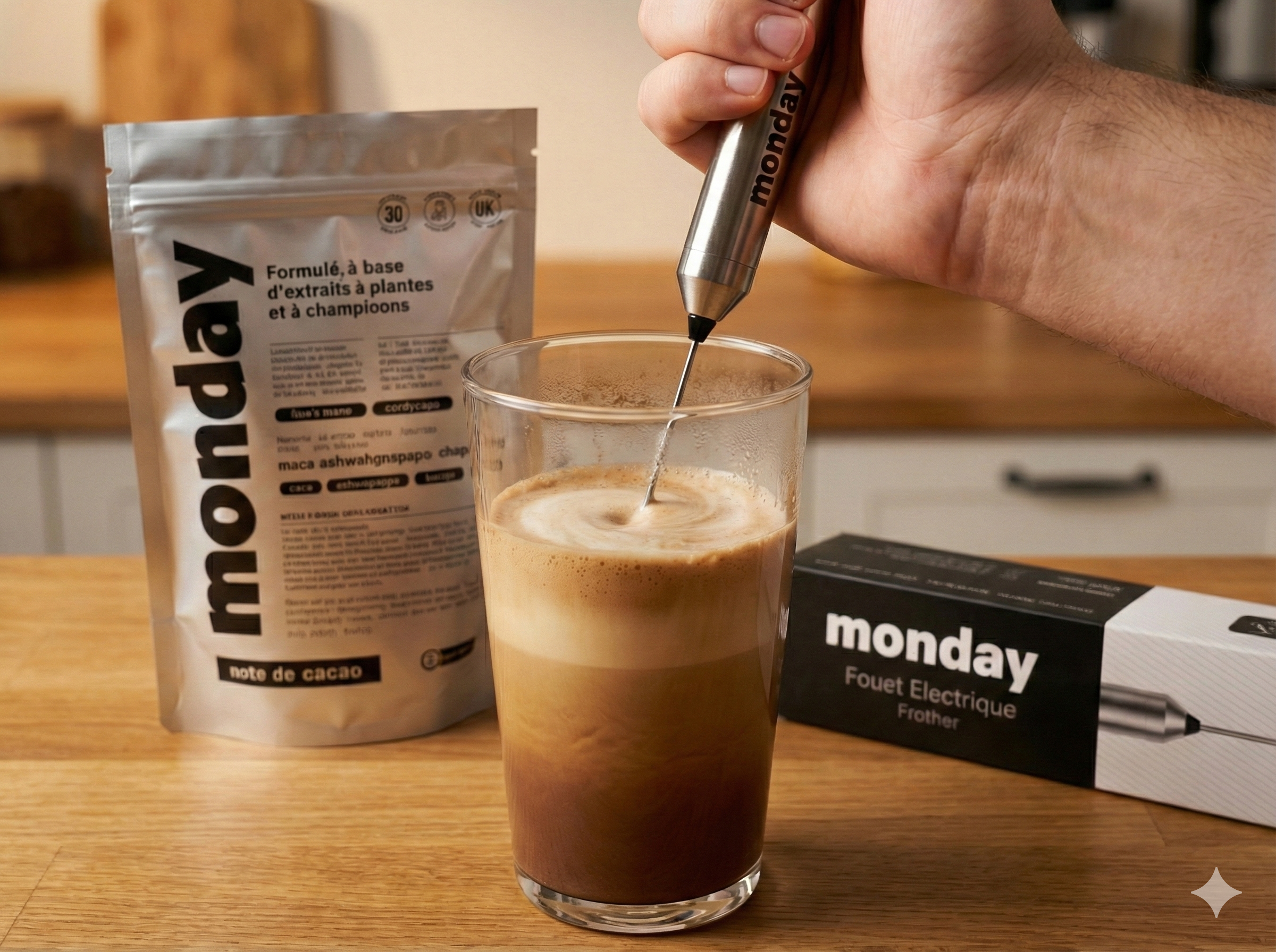 Preparing Monday drink with frother